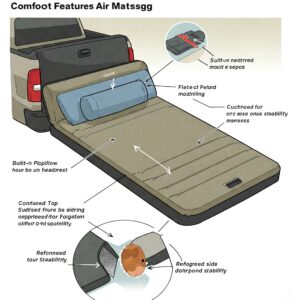 Illustration showing a Bed of Truck Air Mattress in use with compatible truck accessories like a bed tent or tonneau cover.
