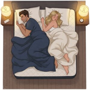 Illustration depicting a couple comfortably sleeping on a split california king mattress, emphasizing personalized sleep.