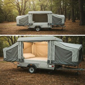 Pop up trailer with the mattress, shown folded and unfolded.