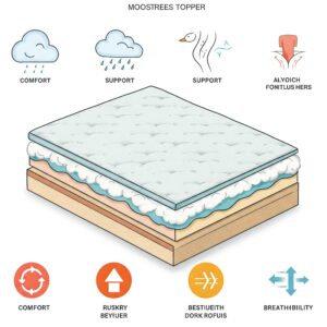 Goose down mattress topper featuring icons representing its key benefits, such as comfort, support, and breathability.