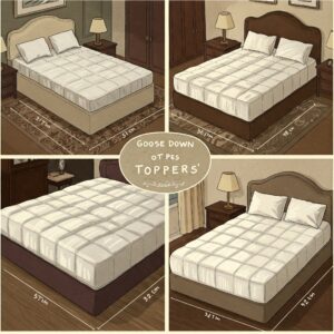 Goose down mattress topper available in various bed sizes, including twin, queen, and king.