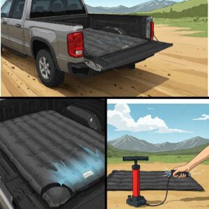 Animated illustration demonstrating the quick inflation and deflation process of a Bed of Truck Air Mattress with a pump.