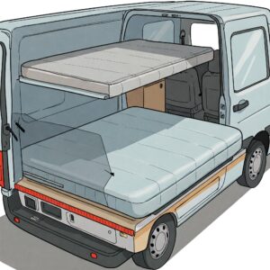  "Illustration demonstrating the easy installation or placement of a camper bunk mattress in a van."