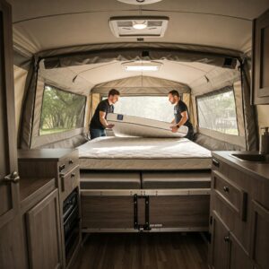 Installing a new pop up trailer mattress inside a camper.