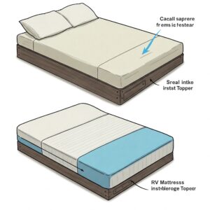 Illustration showing how to easily install an RV Mattress Topper on an RV bed.
