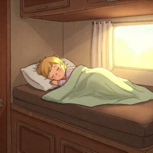 "Illustration of children sleeping soundly on a comfortable camper bunk mattress."