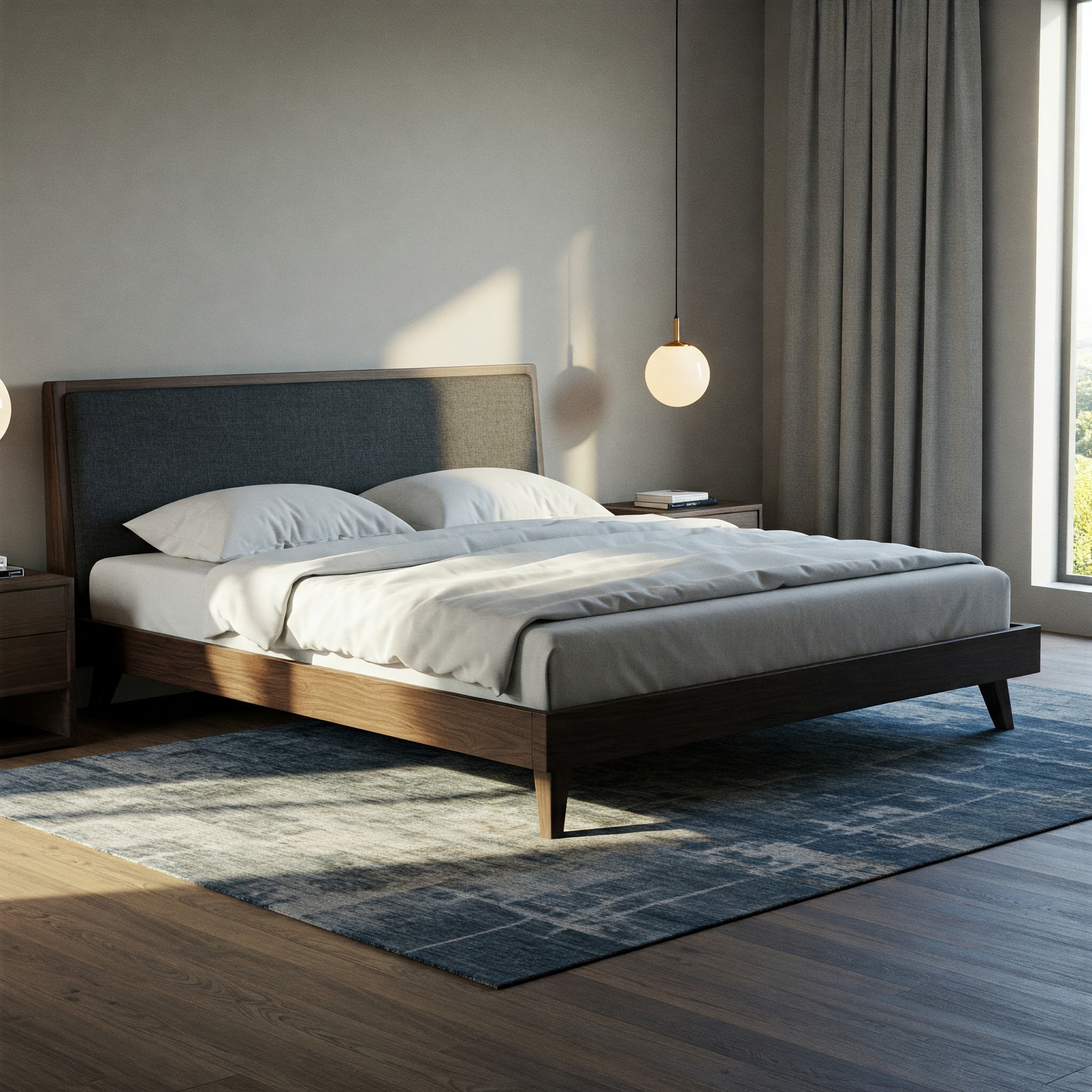 Elegant king size mattress platform bed frame in a modern bedroom setting.