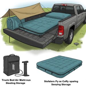 Illustration showing a deflated and folded Bed of Truck Air Mattress packed in its storage bag for easy portability.