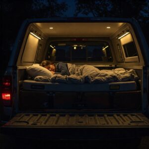 Enjoying a comfortable night's sleep on a dedicated mattress for truck bed inside.