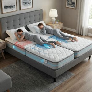 A split queen mattress provides support and comfort for various sleeping positions.