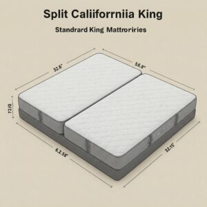 Size comparison illustration of a split california king mattress next to a standard California king mattress.