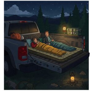 Illustration depicting a Bed of Truck Air Mattress being used comfortably inside a truck bed during a camping trip.