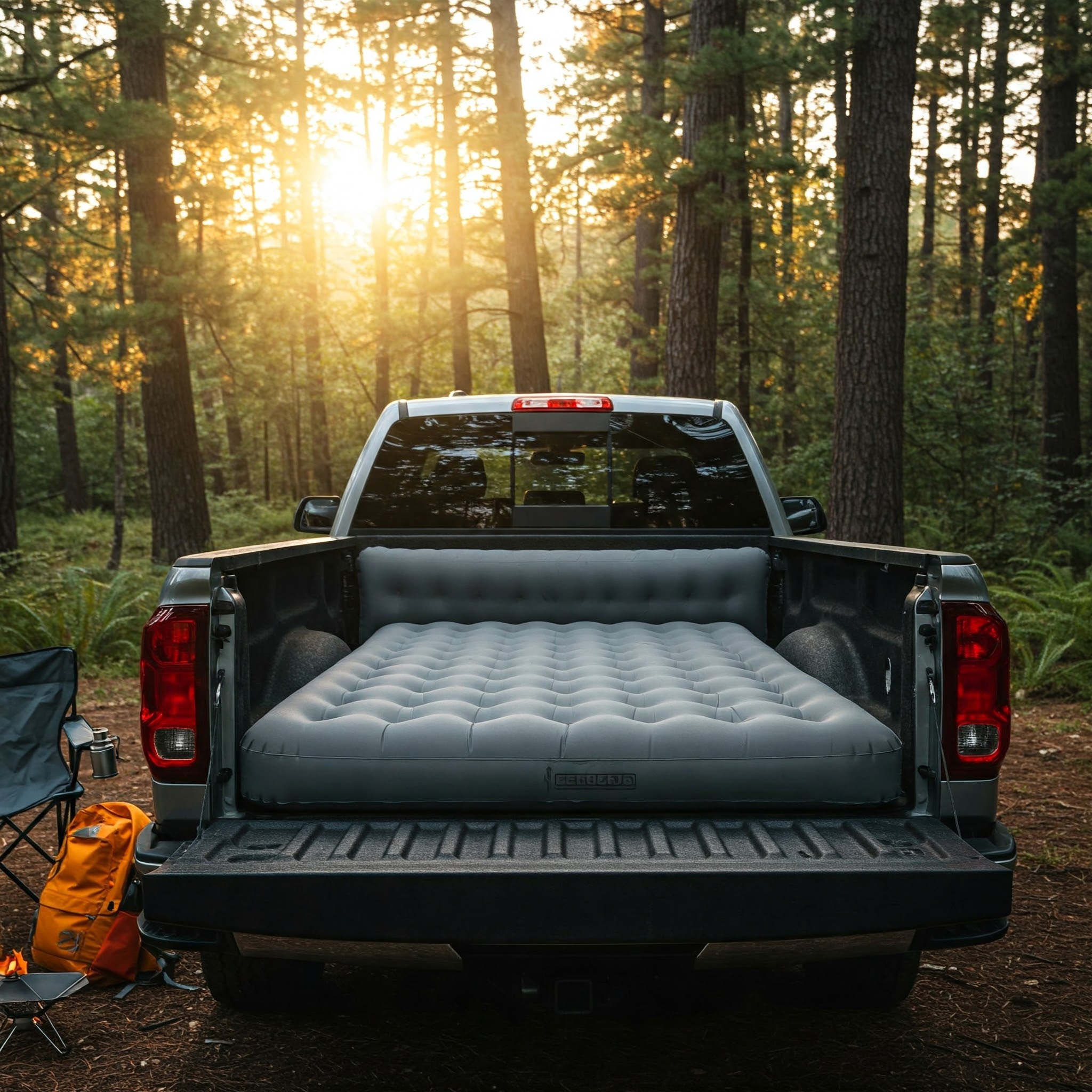 Comfortable Bed of Truck Air Mattress fully inflated and ready for camping or travel.