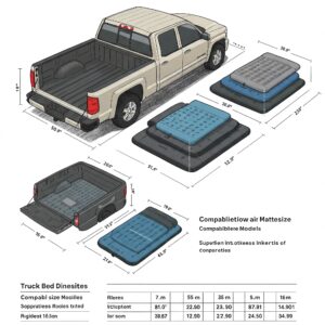 Illustration showing various truck bed dimensions compatible with different Bed of Truck Air Mattress models. 