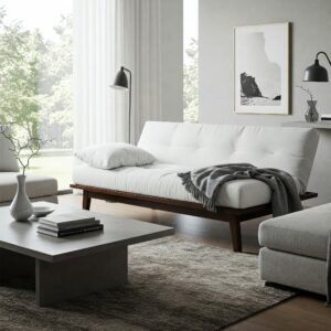 Twin futon mattress on a stylish frame in a modern living room setting.