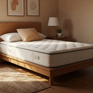 Twin pillow top mattress on a bed frame in a cozy bedroom.