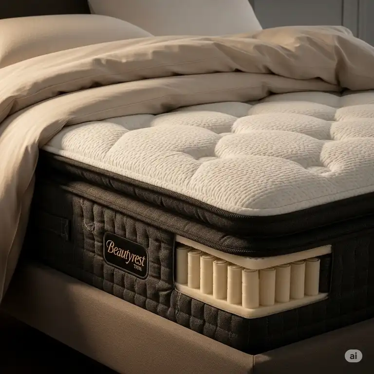 A comfortable beautyrest twin mattress with plush bedding, highlighting its supportive design for a restful night's sleep.
