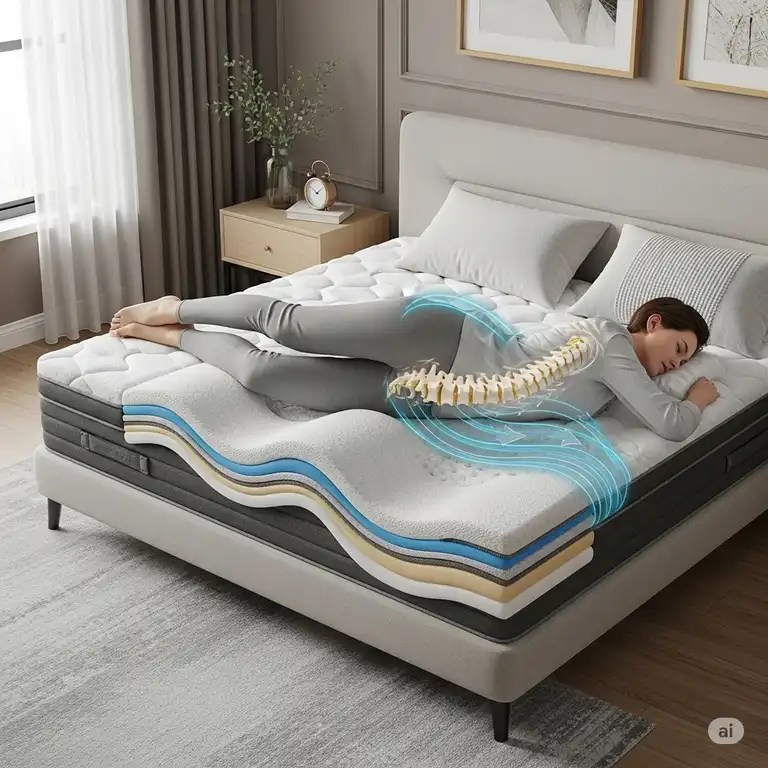 "Person resting comfortably on what appears to be the best type of mattress for scoliosis, illustrating excellent spinal support and pressure relief."