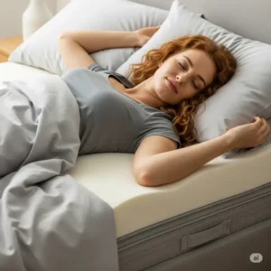 Person sleeping comfortably on a bed with a thick mattress topper, highlighting the best mattress topper for hip pain support and pressure relief.