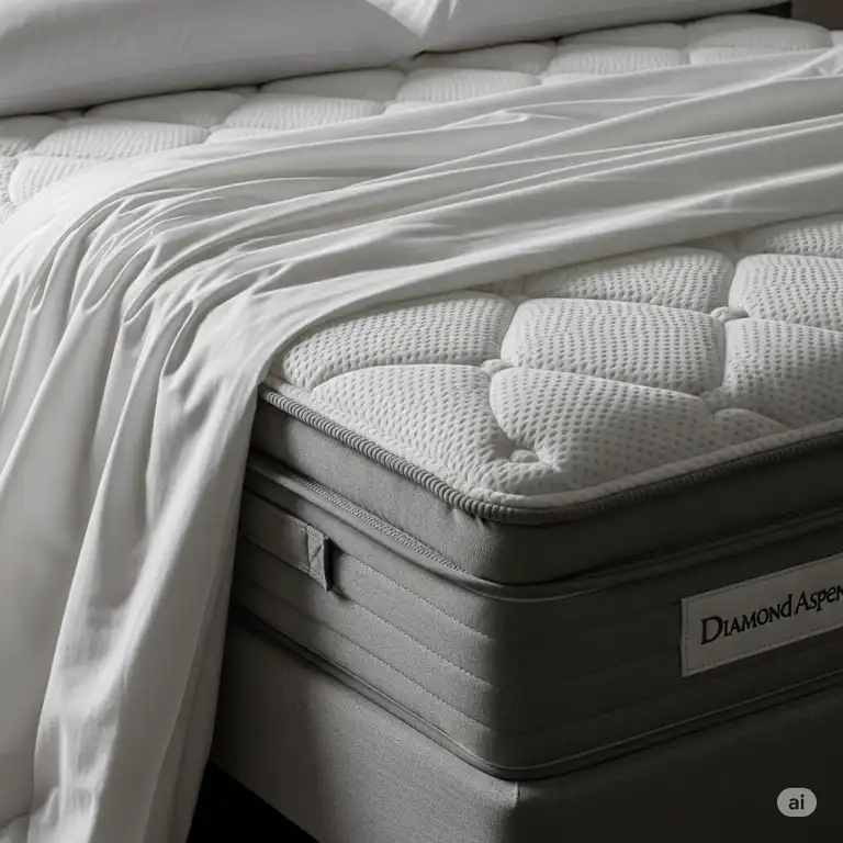 A luxurious diamond aspen mattress with crisp white sheets, inviting a restful night's sleep. The mattress showcases its plush comfort and premium design.