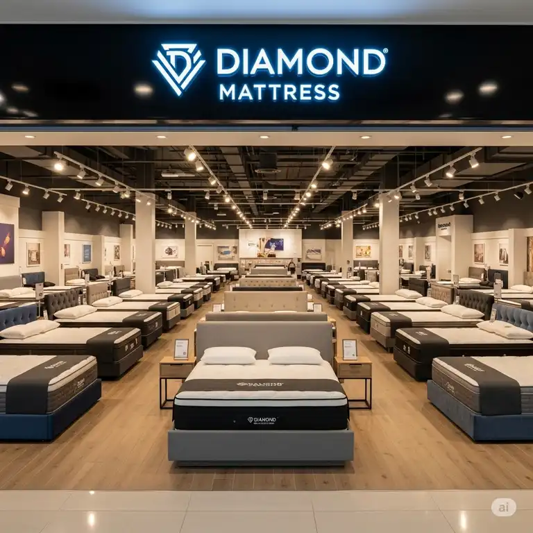 "Grand entrance of a Diamond Mattress store showcasing a wide selection of quality mattresses, a premier mattress diamond store."