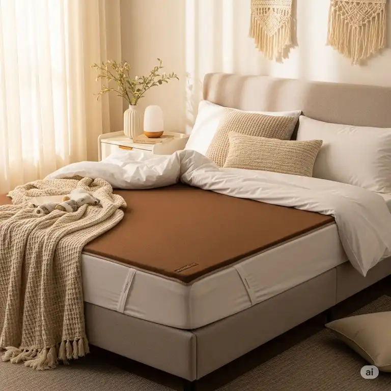 A cozy bedroom scene featuring a grounding mattress pads on the bed, promoting better sleep and well-being.