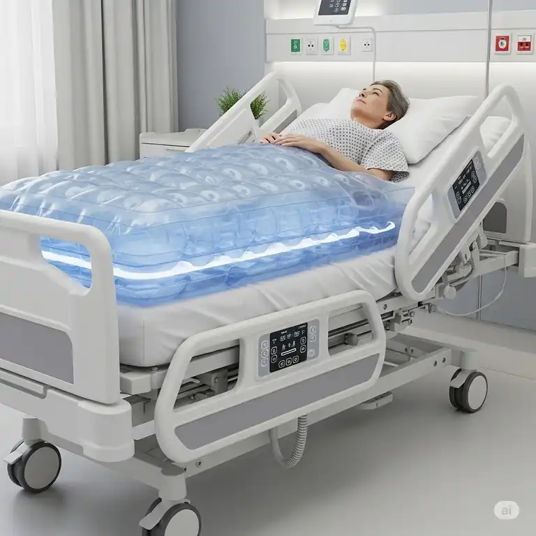 A modern hospital bed with air mattress system designed for pressure ulcer prevention and patient comfort.