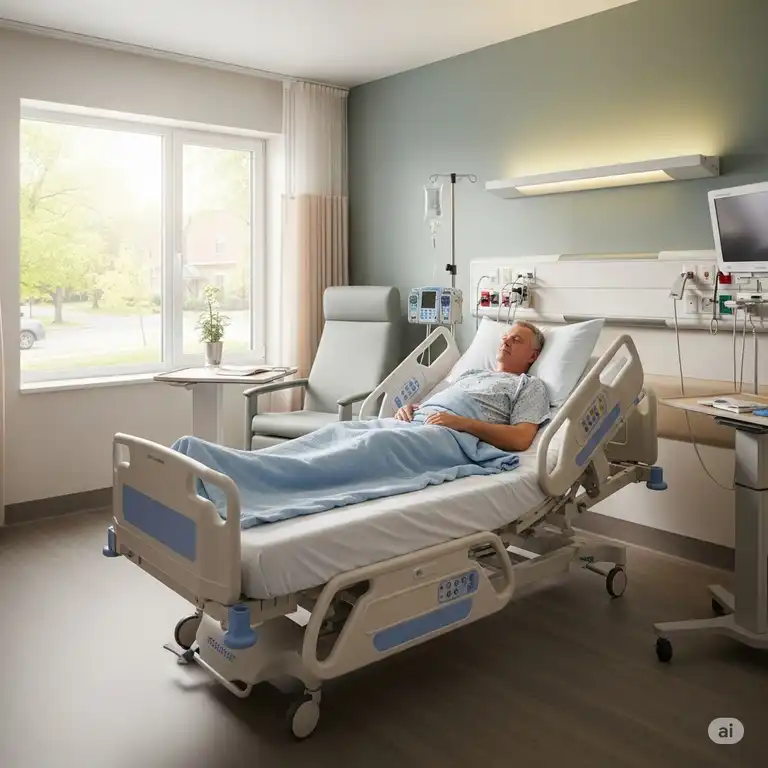 A modern hospital bed with a mattress, positioned in a bright, clean patient room, ready for use.