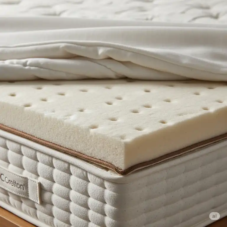 A close-up of a natural, chemical-free just ingredients mattress with a soft, breathable cover, highlighting its pure components.