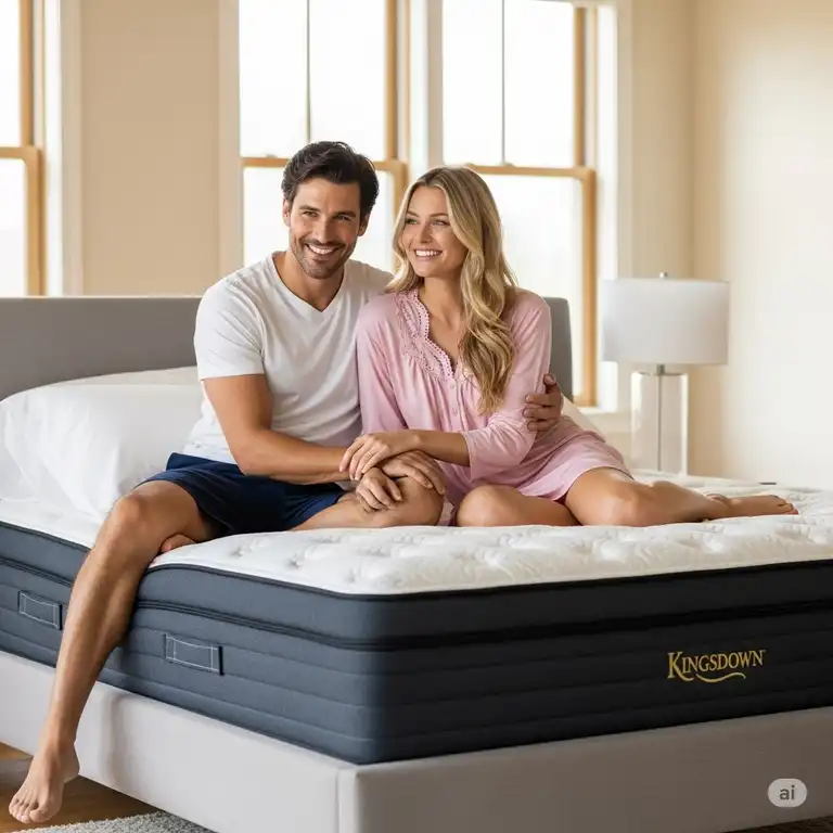 A couple smiling and comfortably relaxing on a luxurious Kingsdown mattress, highlighting positive kingsdown mattress reviews.