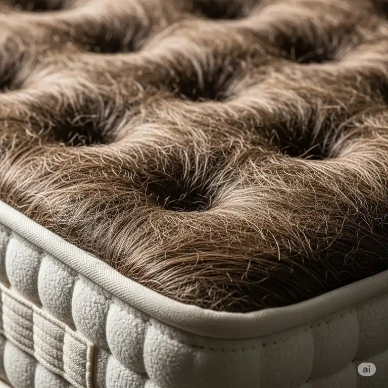 A close-up of a luxurious horsehair mattress showing its natural fibers and inviting texture, highlighting the premium comfort of a genuine horsehair mattress.