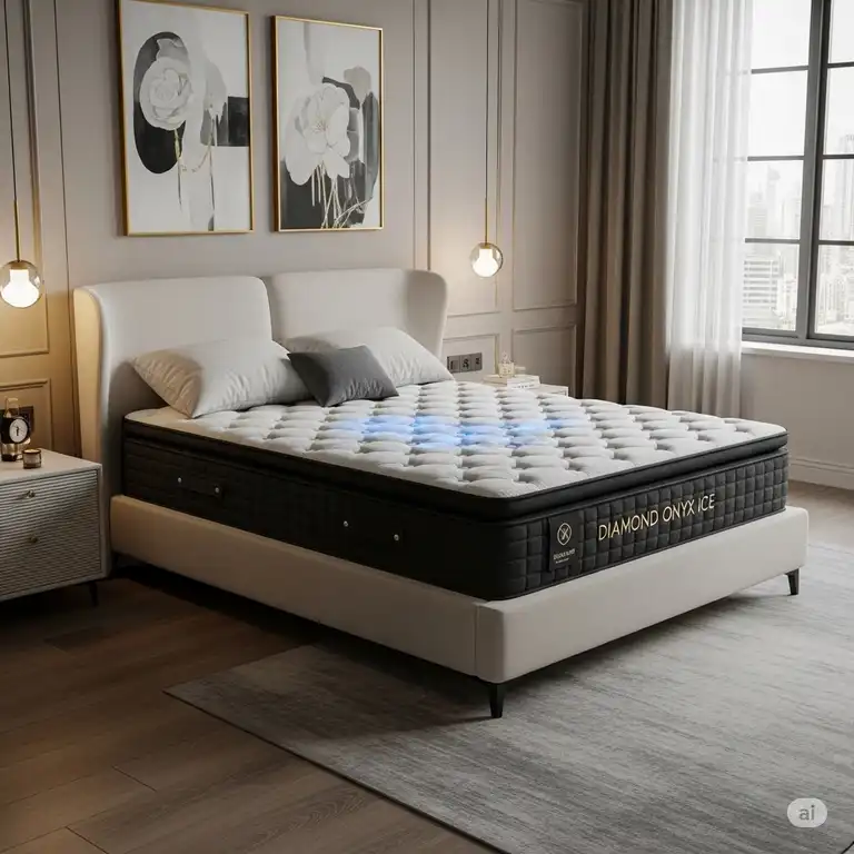 Luxurious mattress diamond onyx ice with a cool, inviting surface, perfect for a refreshing night's sleep.