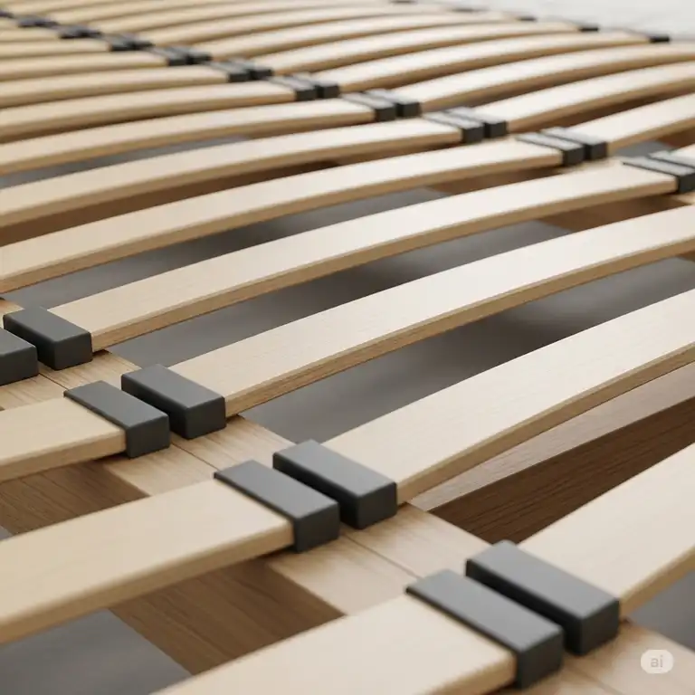 A close-up view of a modern mattress support system, showcasing durable slats or a box spring for optimal mattress longevity and comfort.