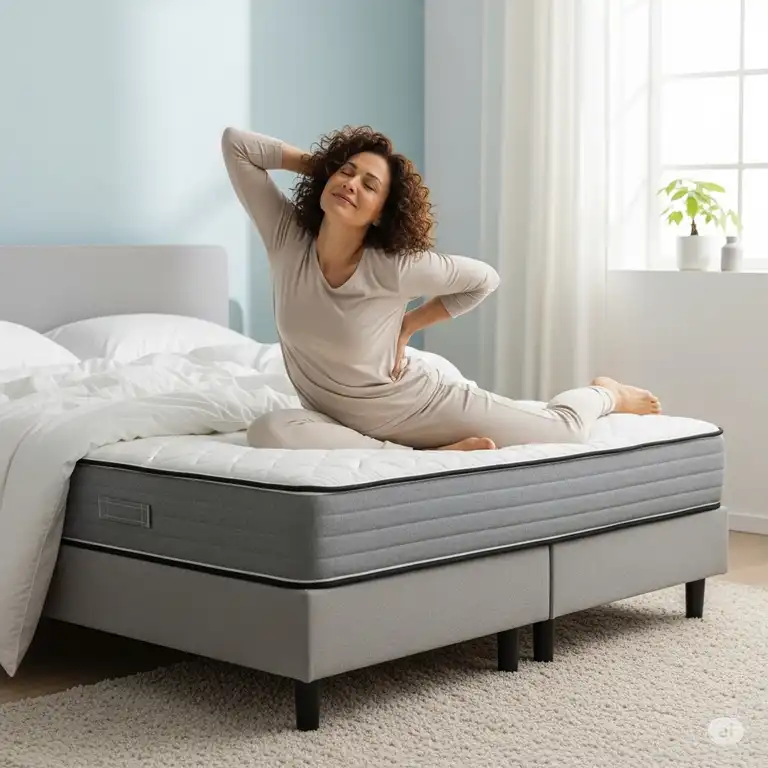 Person stretching on a new mattress, signaling relief from back pain after finding a comfortable sleeping position.