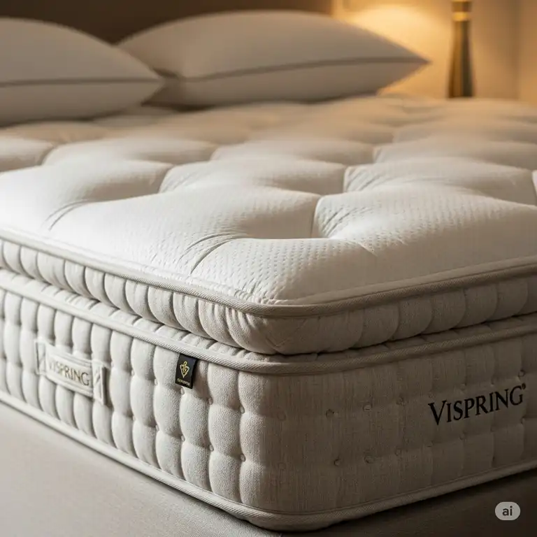 A close-up of a luxurious Vispring mattress on a beautifully made bed, highlighting its deep tufting and premium fabric for unparalleled comfort.