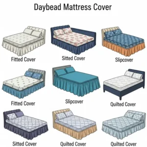An illustration depicting various daybed mattress cover styles, including fitted, slipcover, and quilted designs, highlighting their aesthetic appeal.