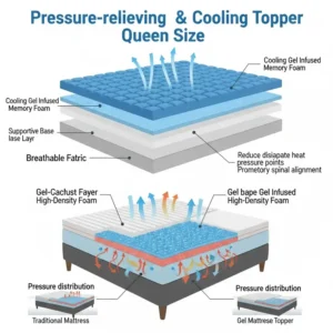"Diagram illustrating the pressure-relieving and cooling benefits of a gel mattress topper queen."