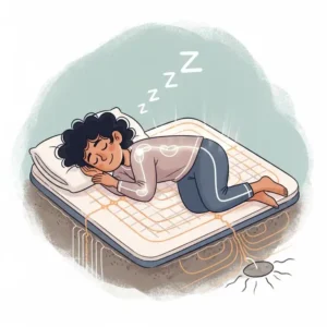 Illustration of a person sleeping soundly on a grounding mattress pads, highlighting the benefits of earthing for restful sleep.