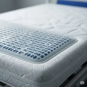 Close-up of a specialized hospital bed with a mattress designed for pressure relief and patient comfort.