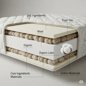 Illustrates the core natural materials like organic latex, wool, and cotton that make up a just ingredients mattress.
