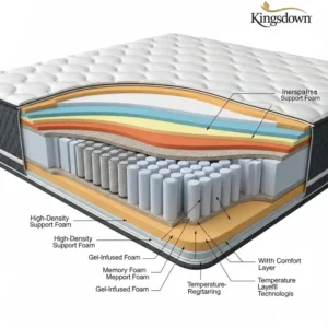 Detailed cross-section diagram of a Kingsdown mattress, showcasing multiple layers of coils, foam, and comfort materials, explaining the advanced construction for optimal sleep as seen in kingsdown mattress reviews.