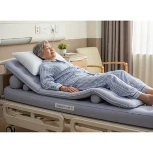 Elderly patient resting comfortably on a medical air mattress, highlighting its therapeutic benefits.