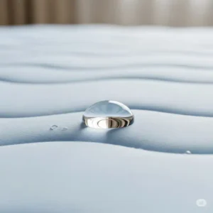 A droplet of water beading up on the surface of a waterproof mattress cover, demonstrating its ability to protect a bed mattress cover from liquid.
