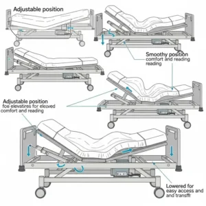 Illustration showing the adjustable features of a hospital bed, highlighting how the mattress conforms to various positions.