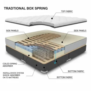 Diagram of a traditional box spring, demonstrating its role as a sturdy mattress support foundation for added height and shock absorption.
