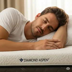A person sleeping peacefully and comfortably on a diamond aspen mattress, demonstrating the superior pressure relief and undisturbed sleep it provides.