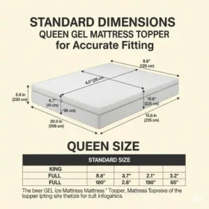 "Infographic displaying the standard dimensions of a gel mattress topper queen, perfect for accurate fitting."
