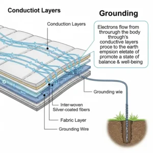 Diagram illustrating the conductive layers of a grounding mattress pads, explaining how it connects to the earth's energy.