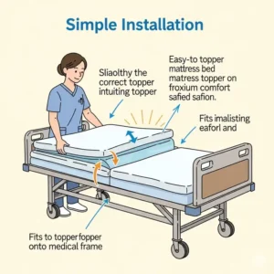 Illustration showing easy installation of a hospital bed mattress topper onto a standard medical bed.