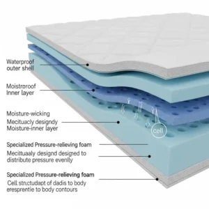 Diagram illustrating the multi-layered construction of a hospital bed mattress pad, highlighting specialized foam for pressure distribution.

